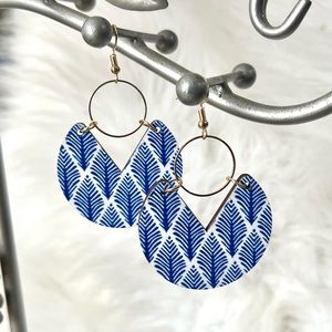 Blue Leaf Patterned Boho Wooden Earrings